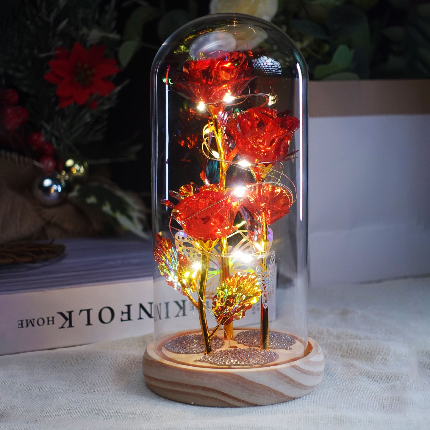 Eternal Red Rose in Glass Dome - Glowing Romantic Gift with Butterfly & Crystals, Mothers Day Birthday Gifts for Women Wife Mom Grandma
