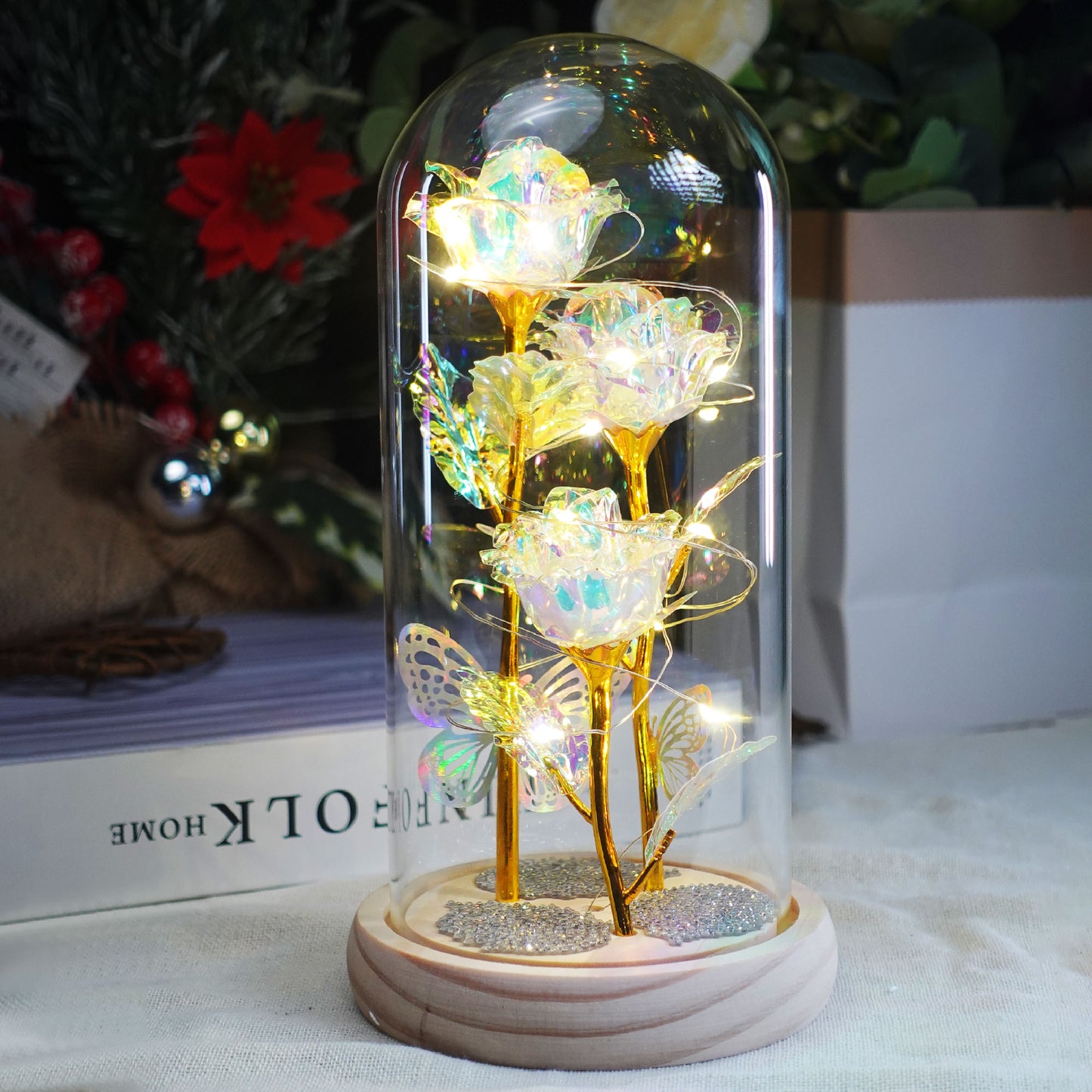 Eternal Red Rose in Glass Dome - Glowing Romantic Gift with Butterfly & Crystals, Mothers Day Birthday Gifts for Women Wife Mom Grandma