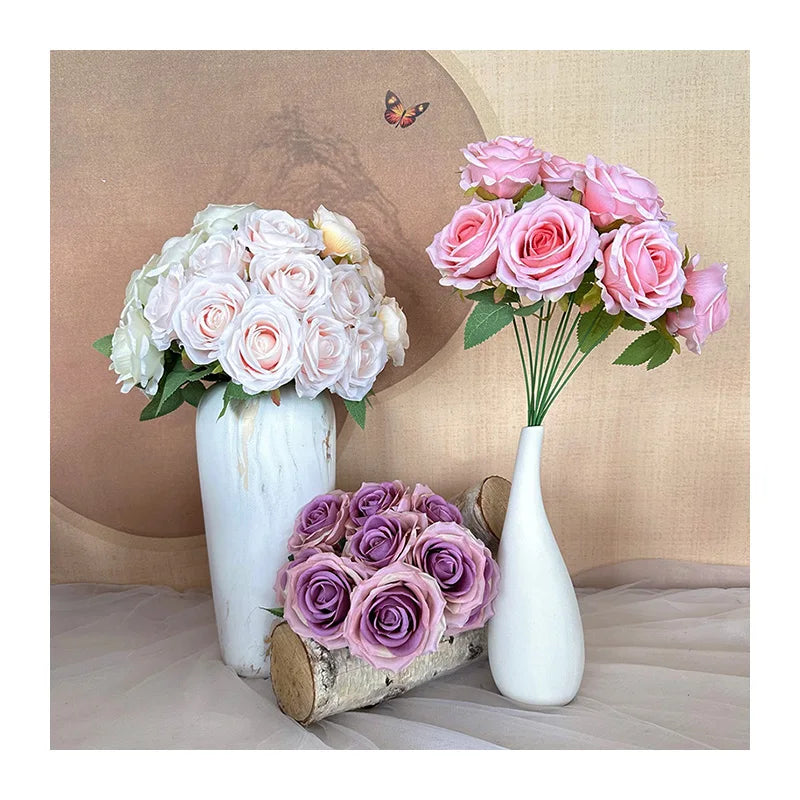 9-Head Pearl Rose Artificial Flower Wedding Arrangements High-End Ins Design Home Decor Simulated Roses