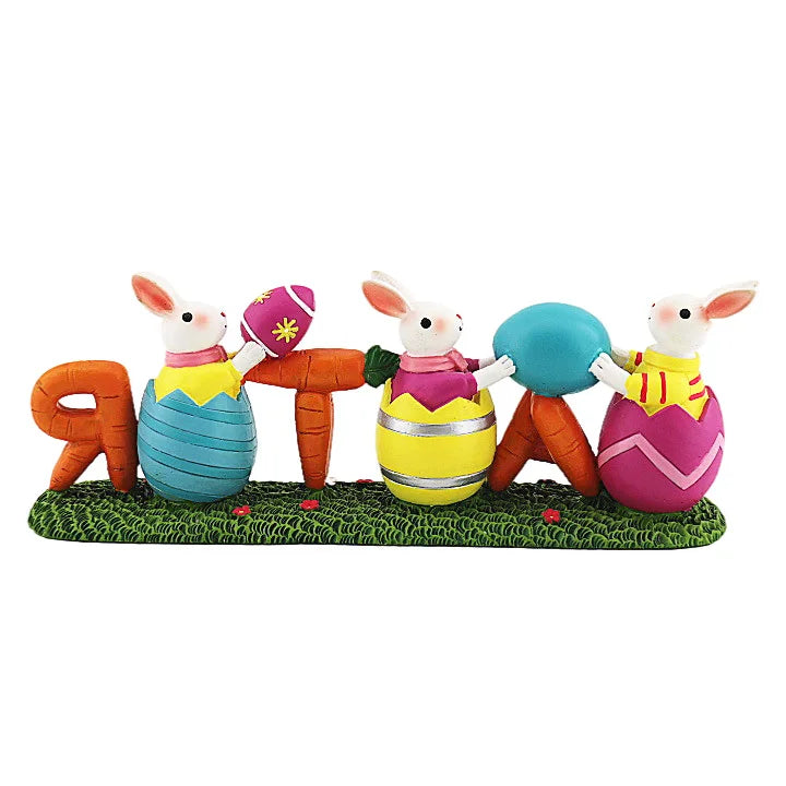 Easter Hand-Painted Resin Figurine Centerpiece Colorful Eggs With Bunny Decor for Home Tabletop Bedroom Decor