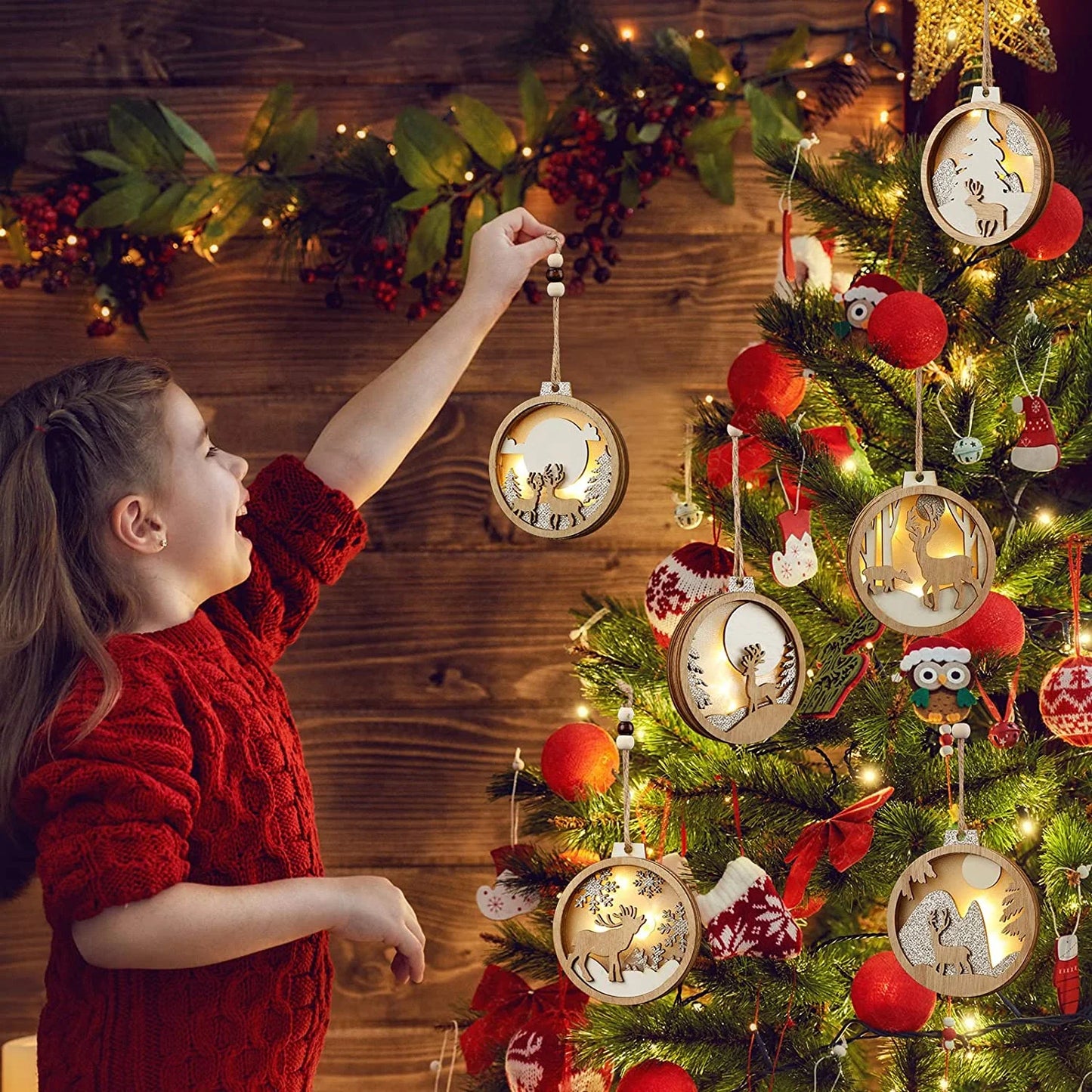 Farmhouse Rustic 3D LED Christmas Decorations Ornaments Set Hanging Glitter Reindeer Wood Tree Promotional Party Supplies