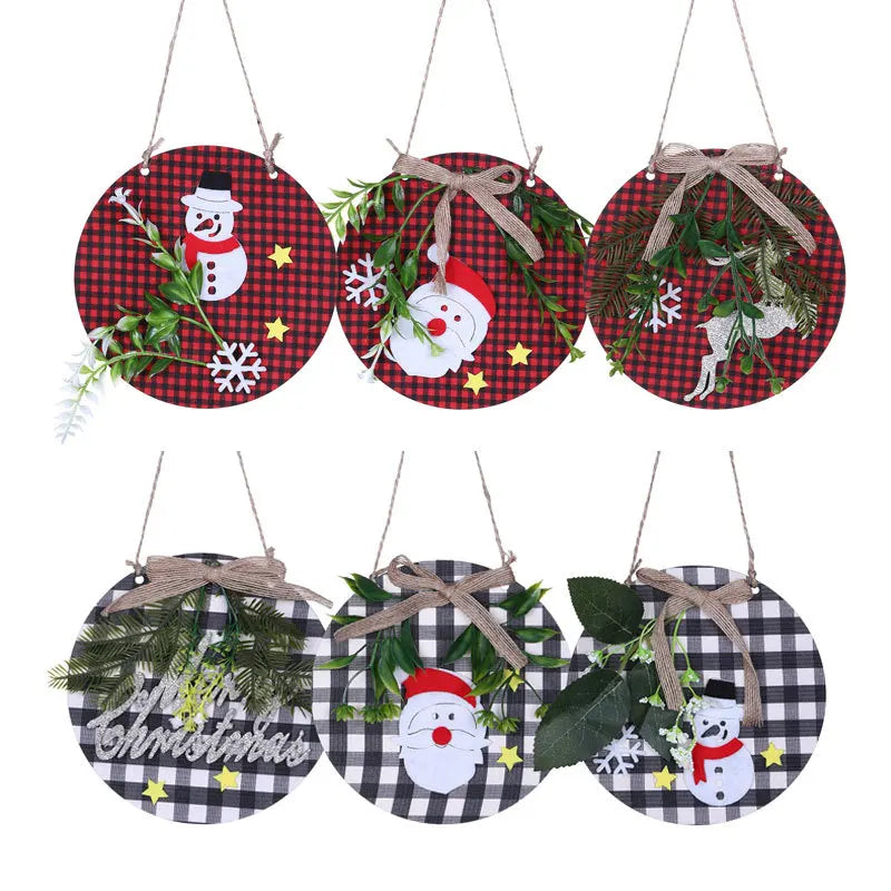 Merry Christmas Decorations Hanging Sign Plaid Wreath for Christmas Tree Rustic Burlap Wooden Holiday Christmas Tree Decorations