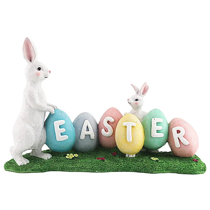 Easter Hand-Painted Resin Figurine Centerpiece Colorful Eggs With Bunny Decor for Home Tabletop Bedroom Decor