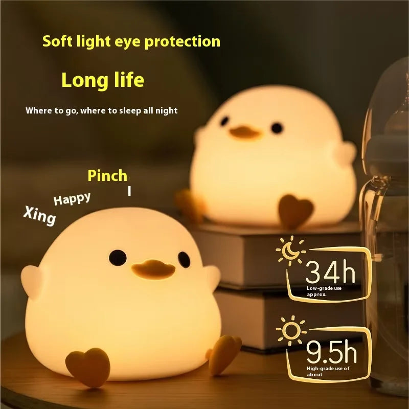 Cute Bean Duck LED Night Light Mini USB Rechargeable Silicone Patting Bedside Table Lamp for Bedroom & Living Room Touch Sensor