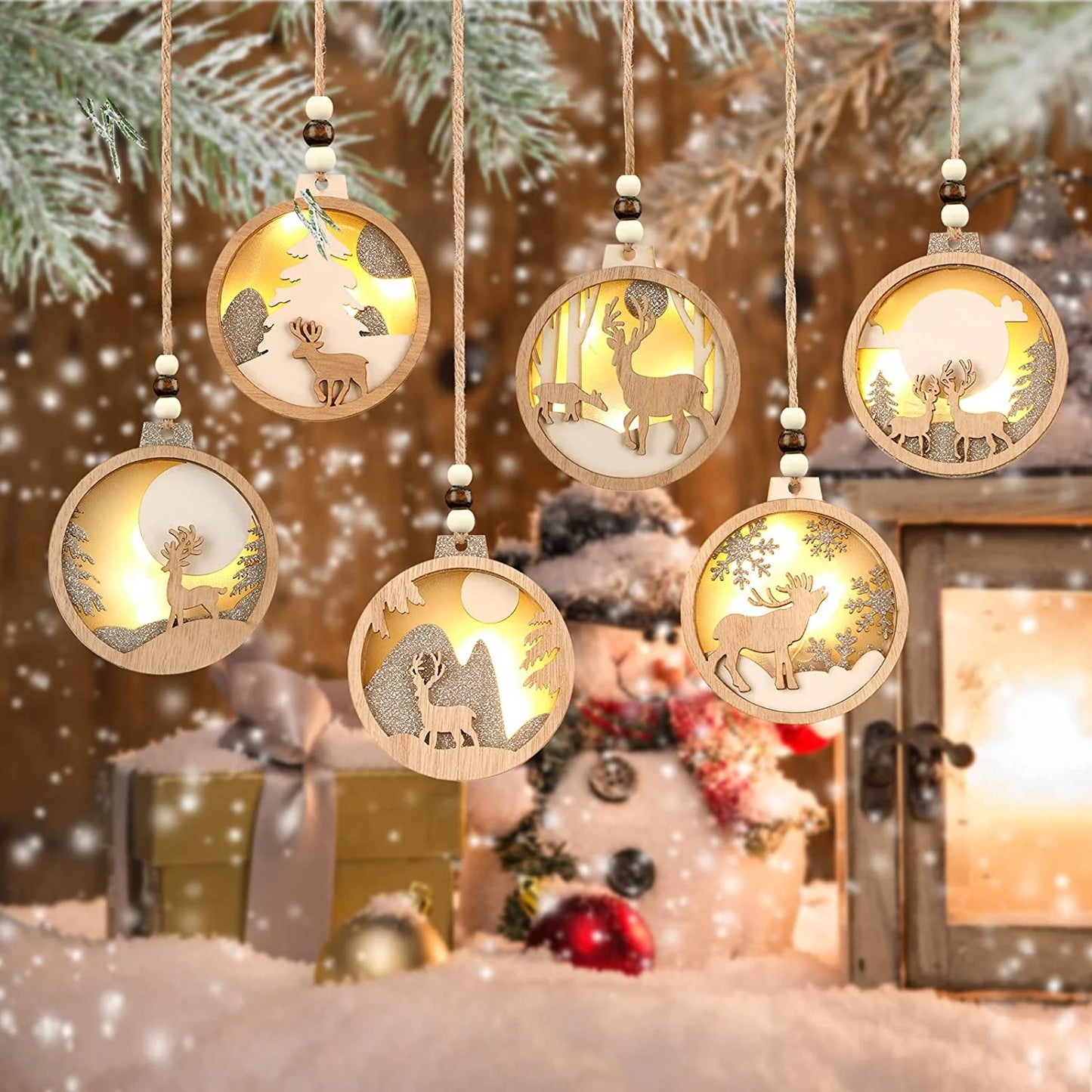 Farmhouse Rustic 3D LED Christmas Decorations Ornaments Set Hanging Glitter Reindeer Wood Tree Promotional Party Supplies
