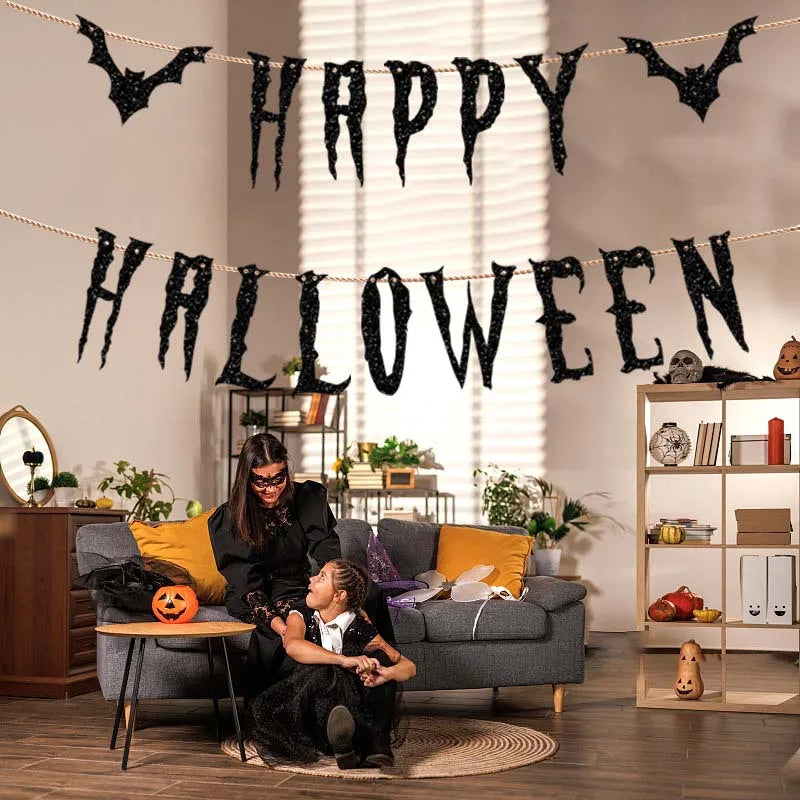 Happy Halloween Flag Reusable Interior Hanging Decoration Bat Pumpkin Spider