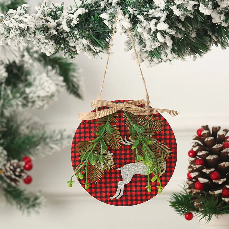 Merry Christmas Decorations Hanging Sign Plaid Wreath for Christmas Tree Rustic Burlap Wooden Holiday Christmas Tree Decorations