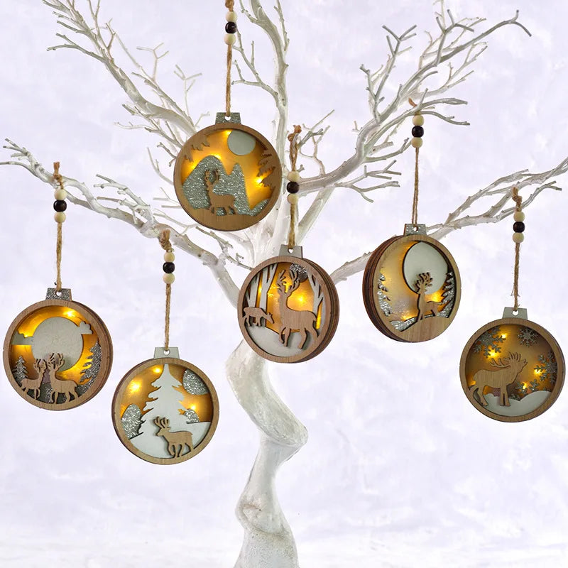 Farmhouse Rustic 3D LED Christmas Decorations Ornaments Set Hanging Glitter Reindeer Wood Tree Promotional Party Supplies