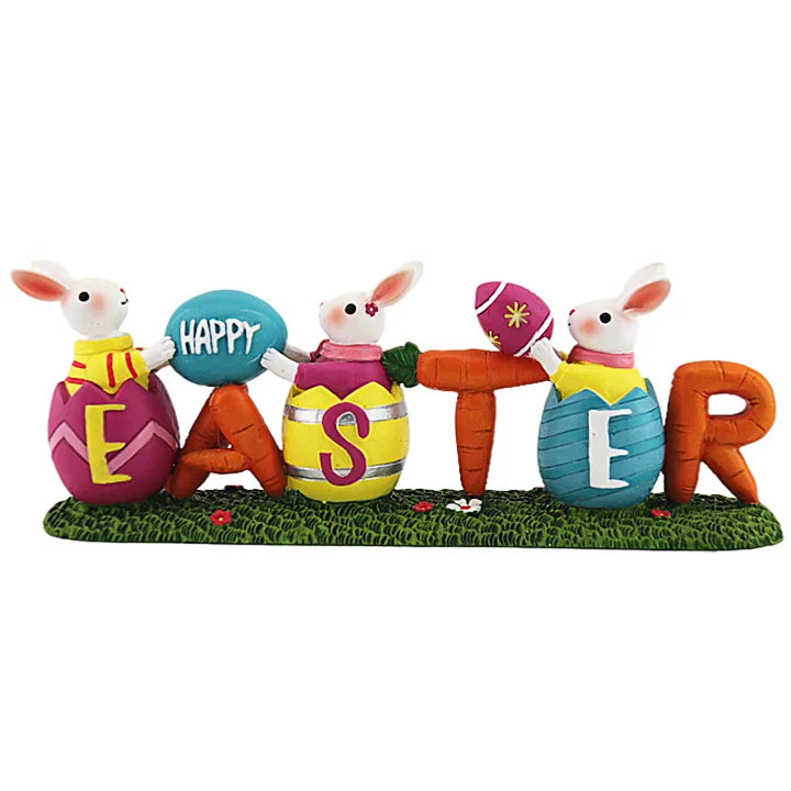 Easter Hand-Painted Resin Figurine Centerpiece Colorful Eggs With Bunny Decor for Home Tabletop Bedroom Decor