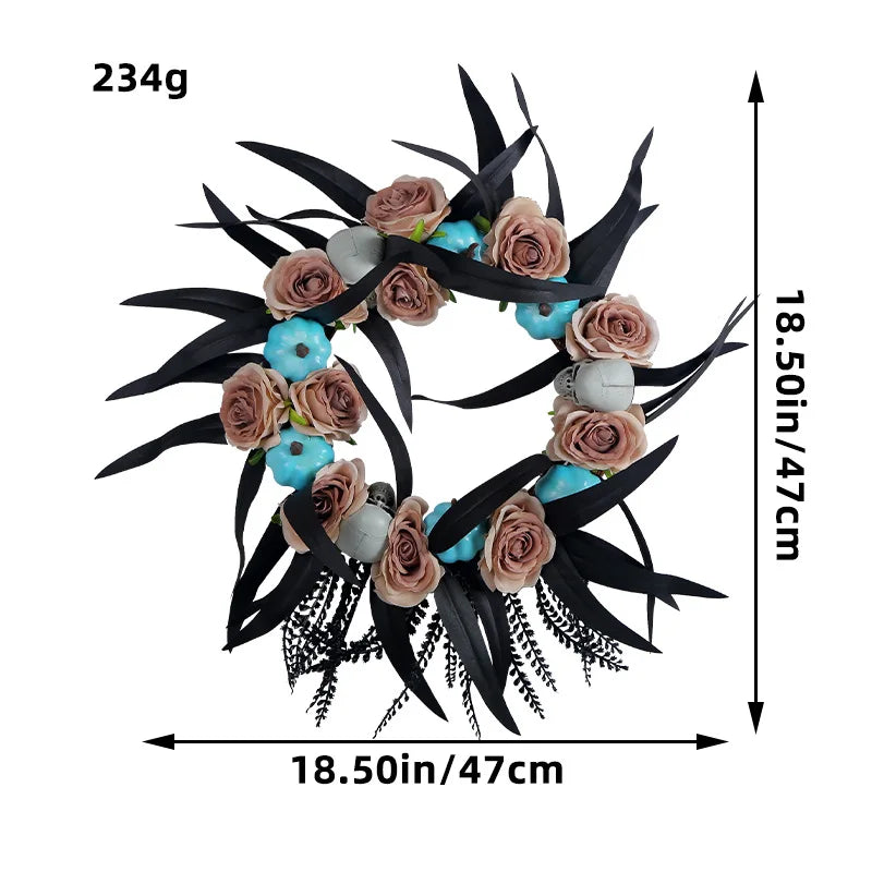 Hot Selling Halloween Door Hanging Decoration Creative Pumpkin Rose Vine Wreath with Ghost Head Horror Elements