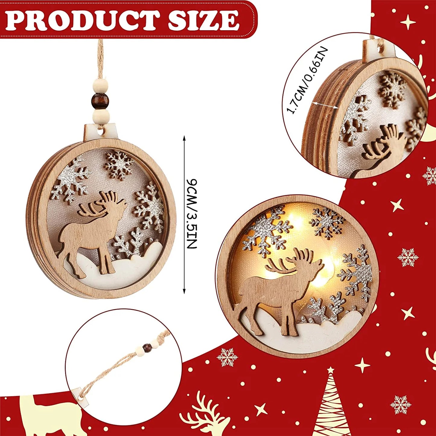 Farmhouse Rustic 3D LED Christmas Decorations Ornaments Set Hanging Glitter Reindeer Wood Tree Promotional Party Supplies