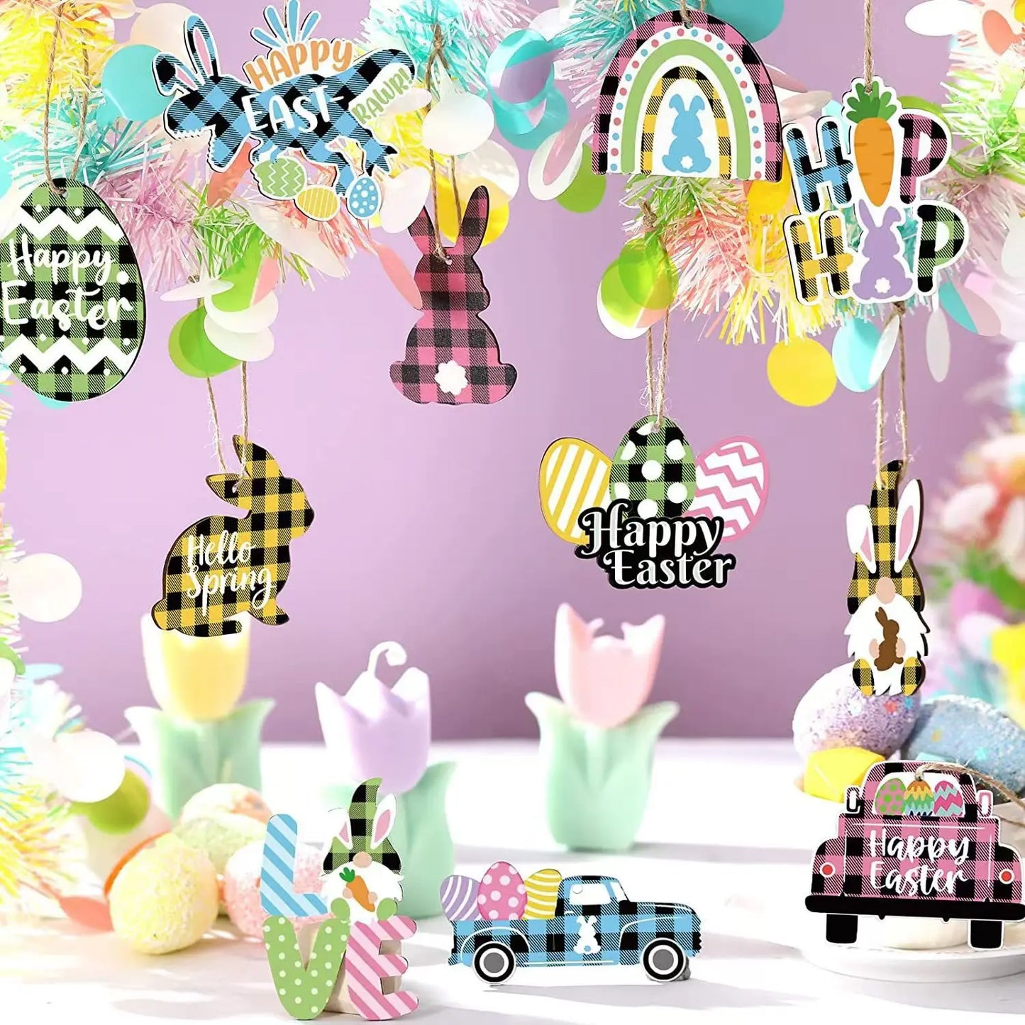 Wooden Ornament Easter Party Decorations Supplies Rabbits Bunny Hanging Easter Hunting Party Wooden Home Ornaments for Kids
