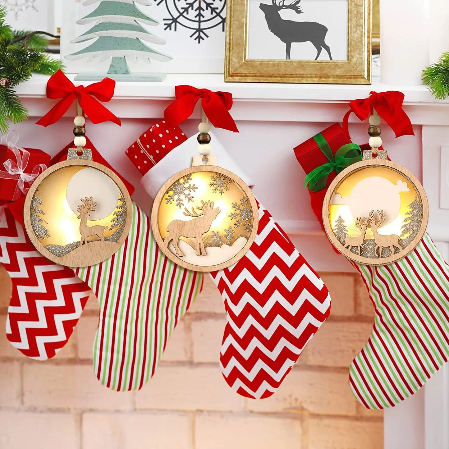 Farmhouse Rustic 3D LED Christmas Decorations Ornaments Set Hanging Glitter Reindeer Wood Tree Promotional Party Supplies