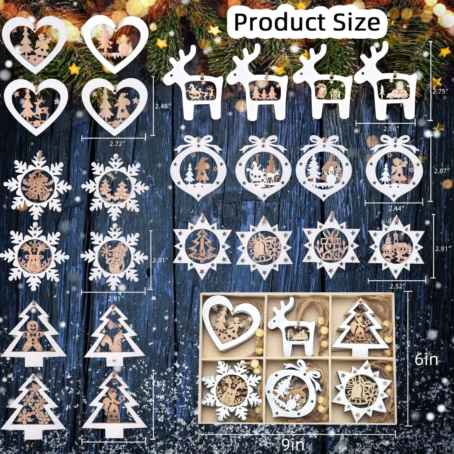 Christmas Tree Ornaments Set of 24 Wooden Craved Hanging Craft Decorations for Christmas Tree Home Office