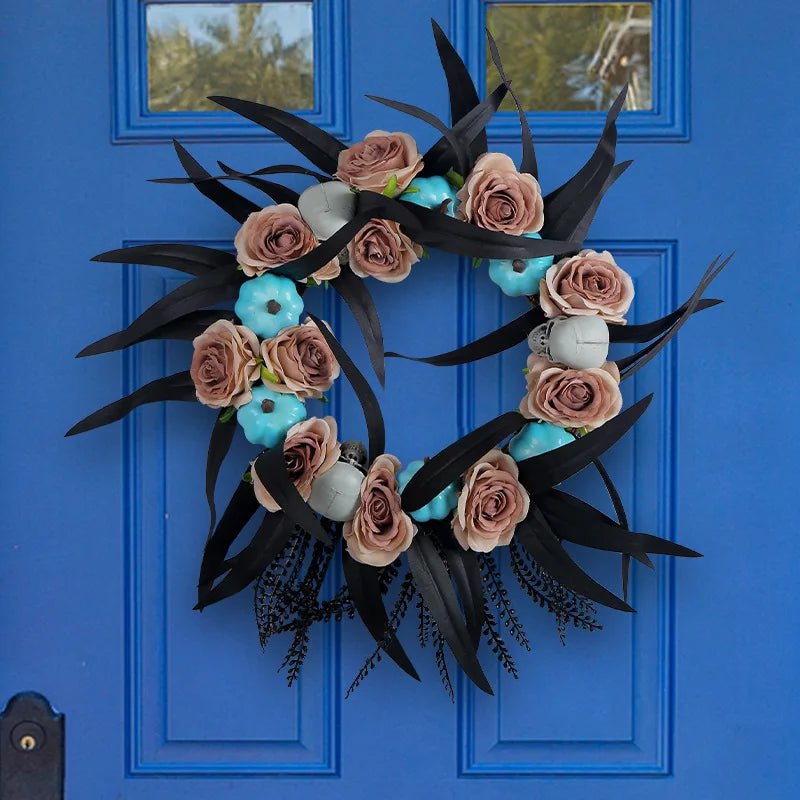 Hot Selling Halloween Door Hanging Decoration Creative Pumpkin Rose Vine Wreath with Ghost Head Horror Elements