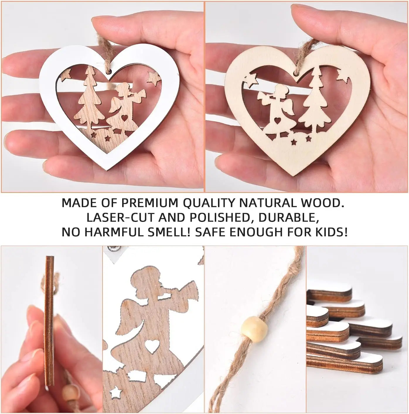 Christmas Tree Ornaments Set of 24 Wooden Craved Hanging Craft Decorations for Christmas Tree Home Office