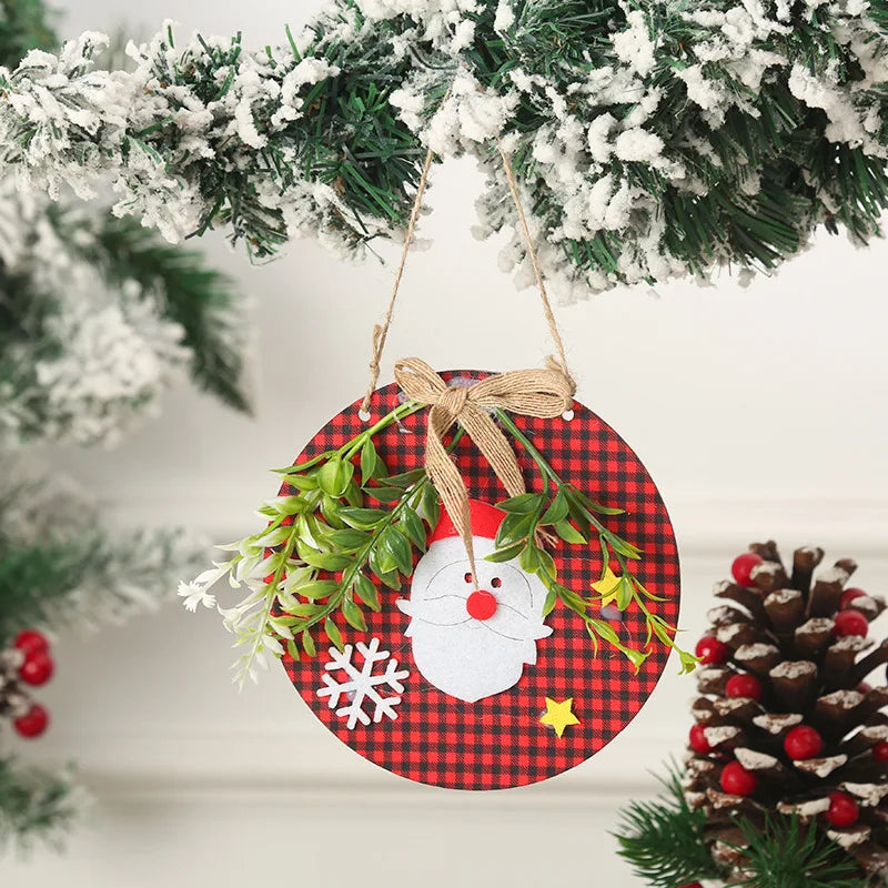 Merry Christmas Decorations Hanging Sign Plaid Wreath for Christmas Tree Rustic Burlap Wooden Holiday Christmas Tree Decorations
