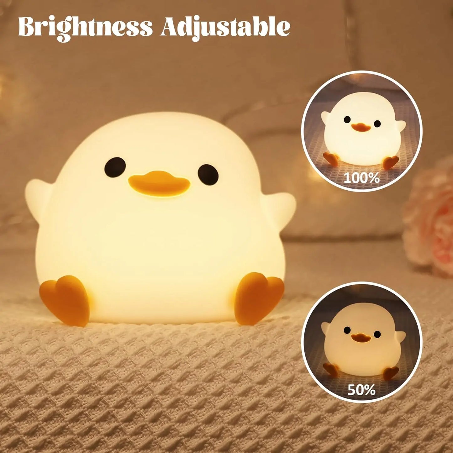 Cute Bean Duck LED Night Light Mini USB Rechargeable Silicone Patting Bedside Table Lamp for Bedroom & Living Room Touch Sensor