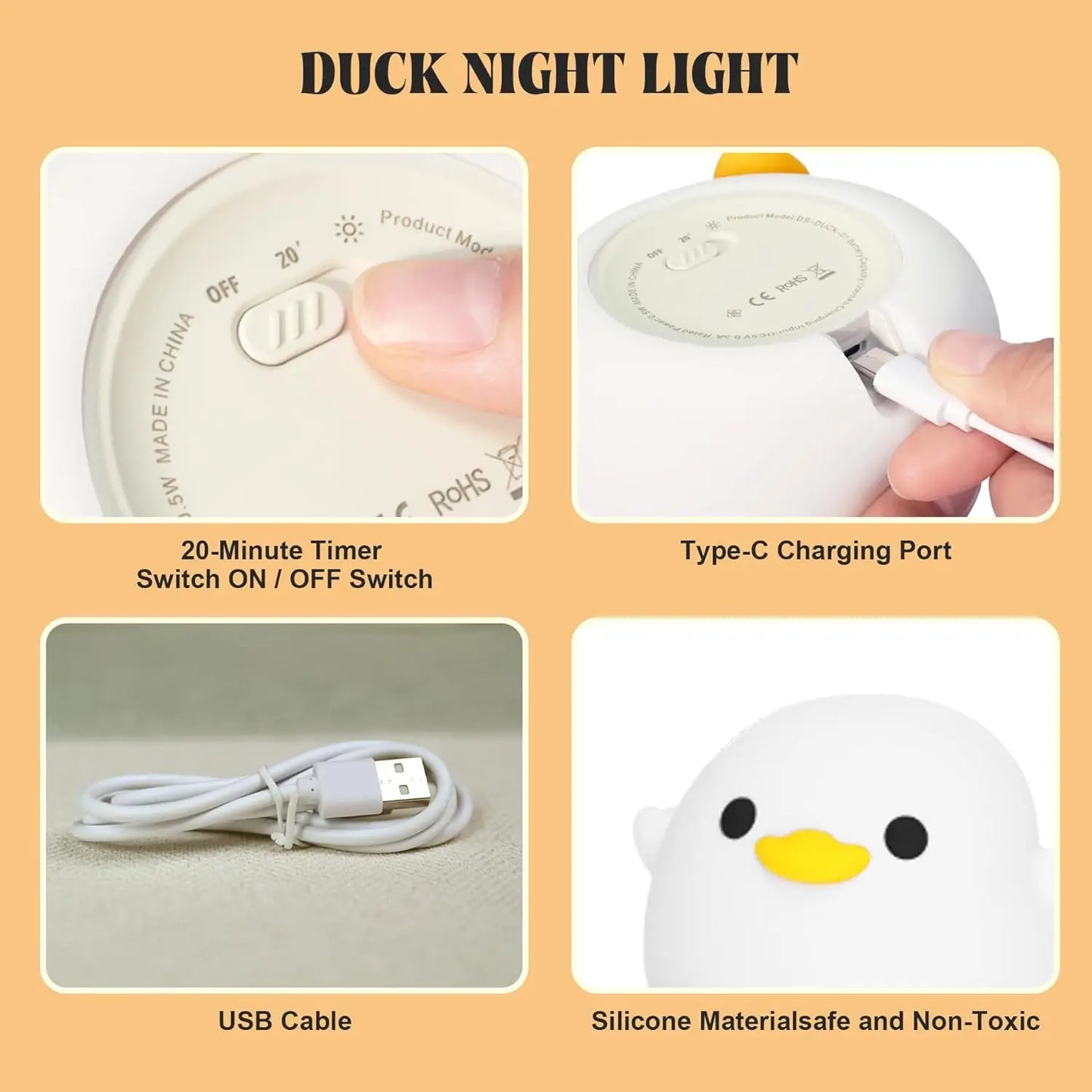 Cute Bean Duck LED Night Light Mini USB Rechargeable Silicone Patting Bedside Table Lamp for Bedroom & Living Room Touch Sensor
