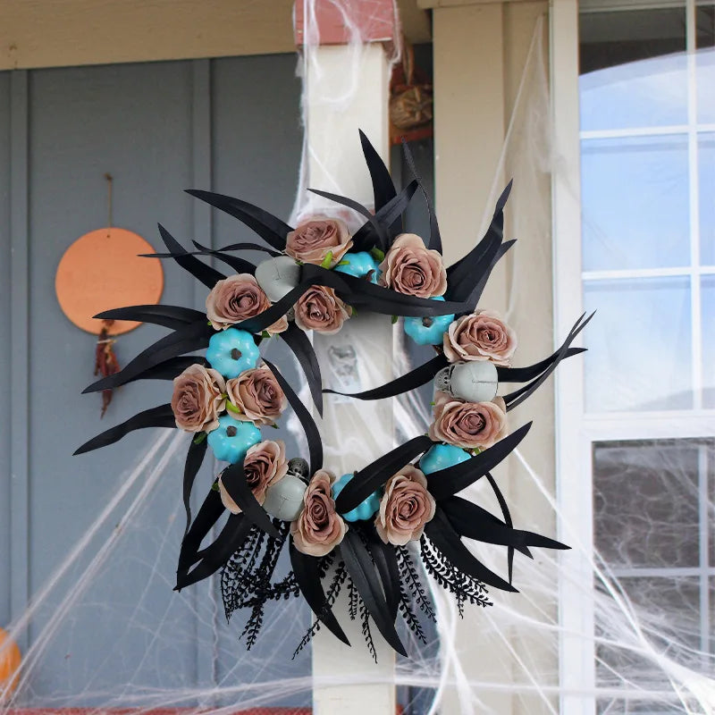 Hot Selling Halloween Door Hanging Decoration Creative Pumpkin Rose Vine Wreath with Ghost Head Horror Elements