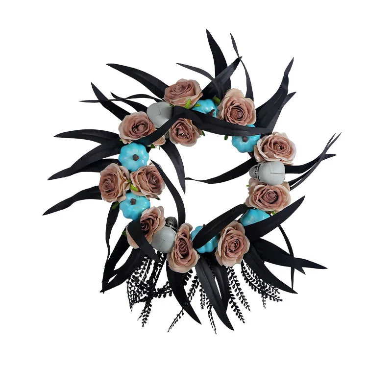 Hot Selling Halloween Door Hanging Decoration Creative Pumpkin Rose Vine Wreath with Ghost Head Horror Elements