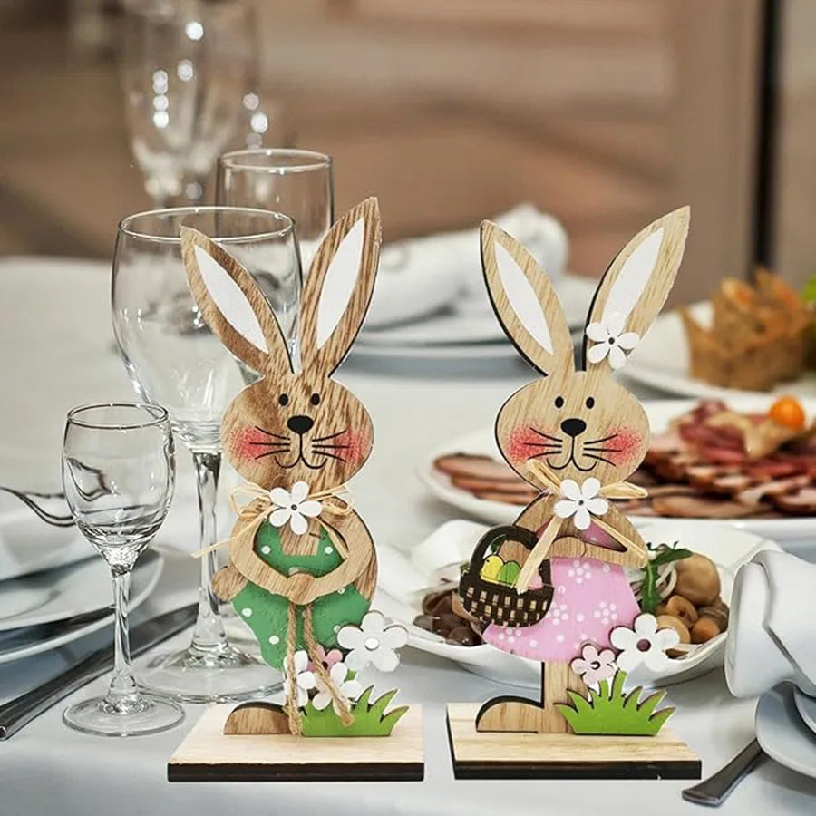 Home Easter Party Table Decoration Crafts Table Ornament Easter Wooden Bunny Decoration for Holiday