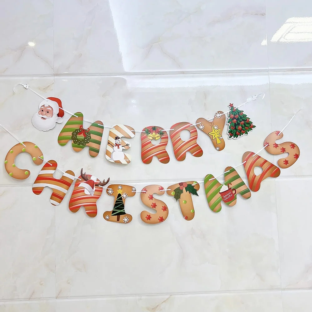 Merry Christmas Tree Decoration Fireplace Home Wall Hanging Decoration Xmas Tree Santa Banner Party Supplies Gingerbread Shaped