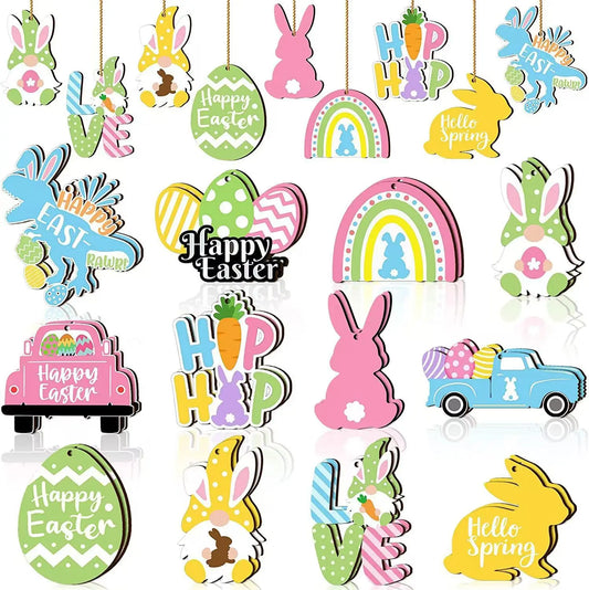 Wooden Ornament Easter Party Decorations Supplies Rabbits Bunny Hanging Easter Hunting Party Wooden Home Ornaments for Kids