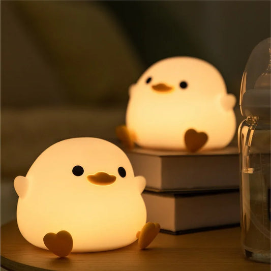 Cute Bean Duck LED Night Light Mini USB Rechargeable Silicone Patting Bedside Table Lamp for Bedroom & Living Room Touch Sensor