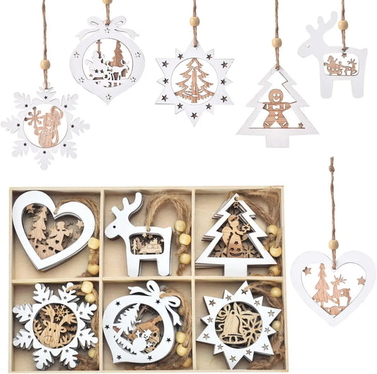 Christmas Tree Ornaments Set of 24 Wooden Craved Hanging Craft Decorations for Christmas Tree Home Office