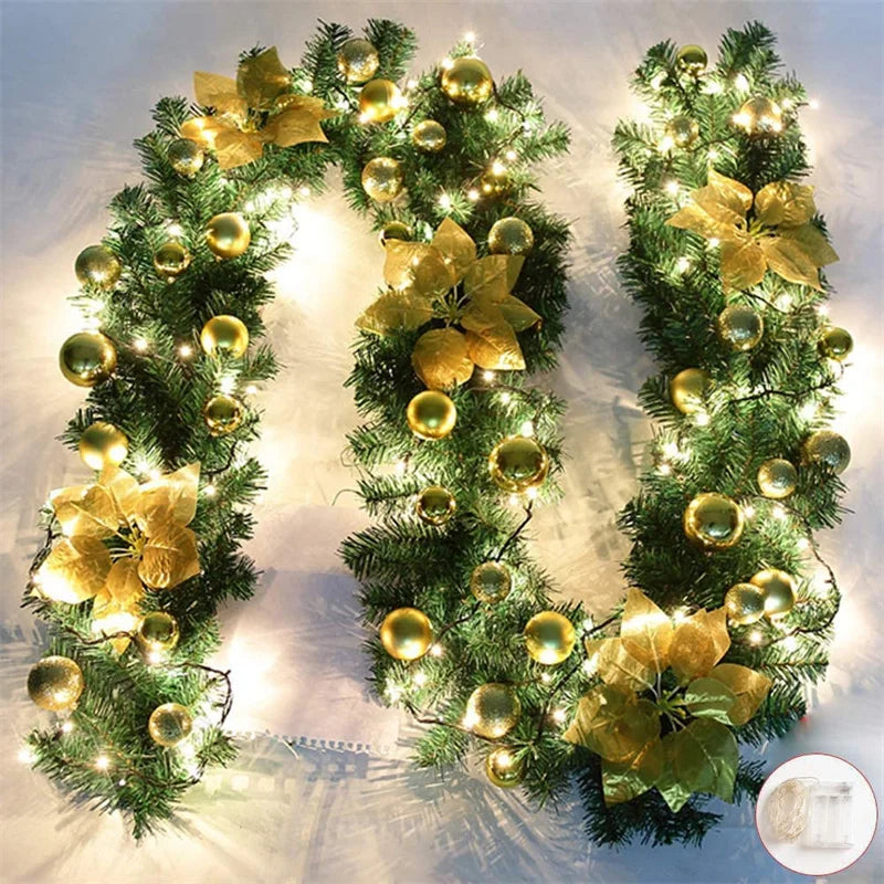 2.7m Christmas Decoration LED Rattan Garland Wreath Light Door Hanging Ornaments Artificial Xmas Tree Fireplace Decor