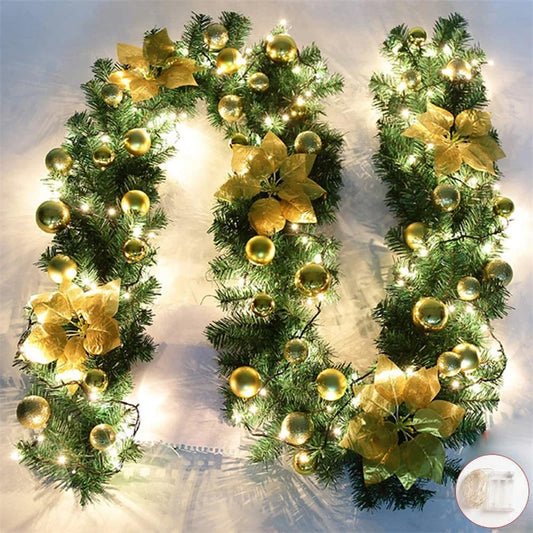 2.7m Christmas Decoration LED Rattan Garland Wreath Light Door Hanging Ornaments Artificial Xmas Tree Fireplace Decor