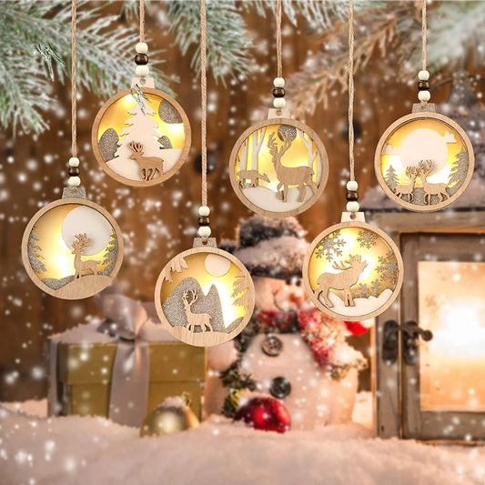 Farmhouse Rustic 3D LED Christmas Decorations Ornaments Set Hanging Glitter Reindeer Wood Tree Promotional Party Supplies