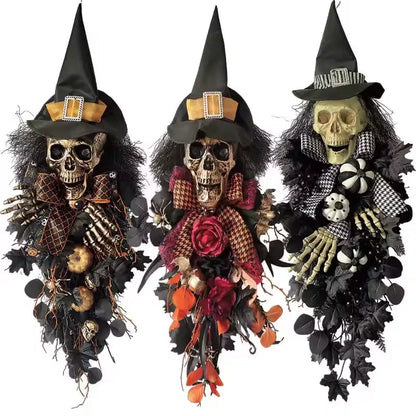 Front Door Diy Hanging Wreath Black Artificial Leaves Bow Pumpkin Spooky Scary Skeleton Hand Witch Hat Halloween Swag