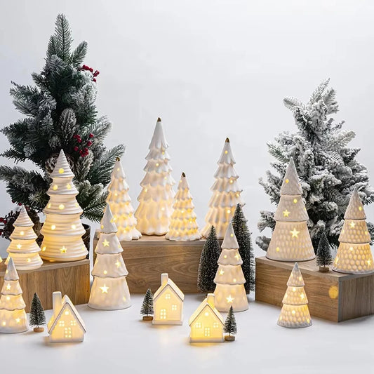Boutique Decorative Ceramic Christmas Artwork LED Christmas Tree Decorated Desktop Tree