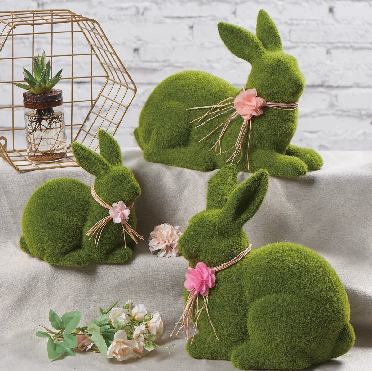Wholesale Easter Green Decoration Bunny Home Holiday Spring Ornament Plush Flocking Ceramic Rabbit