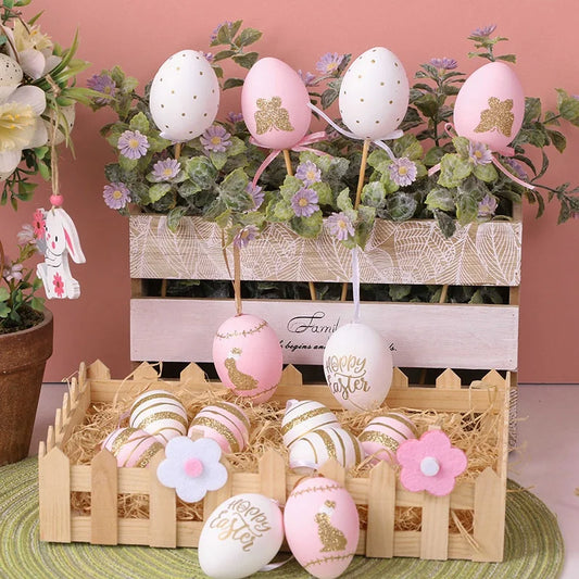 EAGLEGIFTS Happy Easter Decor Pink White Eggs Flowers Kids Gift Set Easter Decorative Ornament for Home Decoration