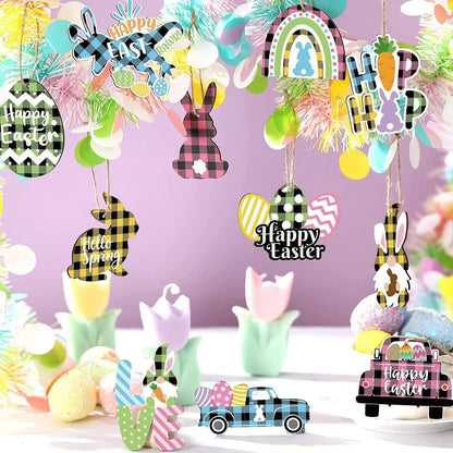 Wooden Ornament Easter Party Decorations Supplies Rabbits Bunny Hanging Easter Hunting Party Wooden Home Ornaments for Kids