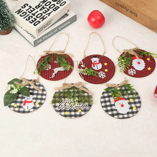 Merry Christmas Decorations Hanging Sign Plaid Wreath for Christmas Tree Rustic Burlap Wooden Holiday Christmas Tree Decorations