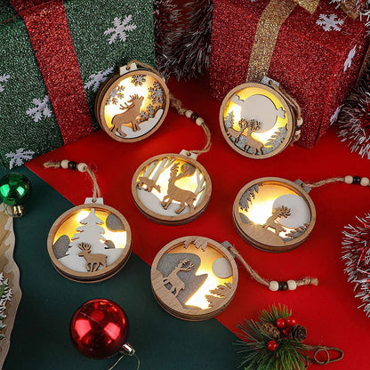 Farmhouse Rustic 3D LED Christmas Decorations Ornaments Set Hanging Glitter Reindeer Wood Tree Promotional Party Supplies