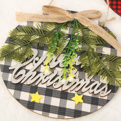Merry Christmas Decorations Hanging Sign Plaid Wreath for Christmas Tree Rustic Burlap Wooden Holiday Christmas Tree Decorations