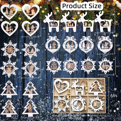 Christmas Tree Ornaments Set of 24 Wooden Craved Hanging Craft Decorations for Christmas Tree Home Office