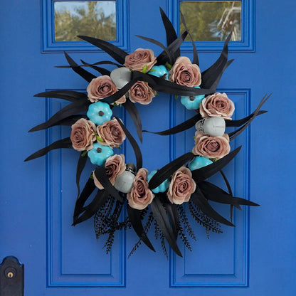 Hot Selling Halloween Door Hanging Decoration Creative Pumpkin Rose Vine Wreath with Ghost Head Horror Elements