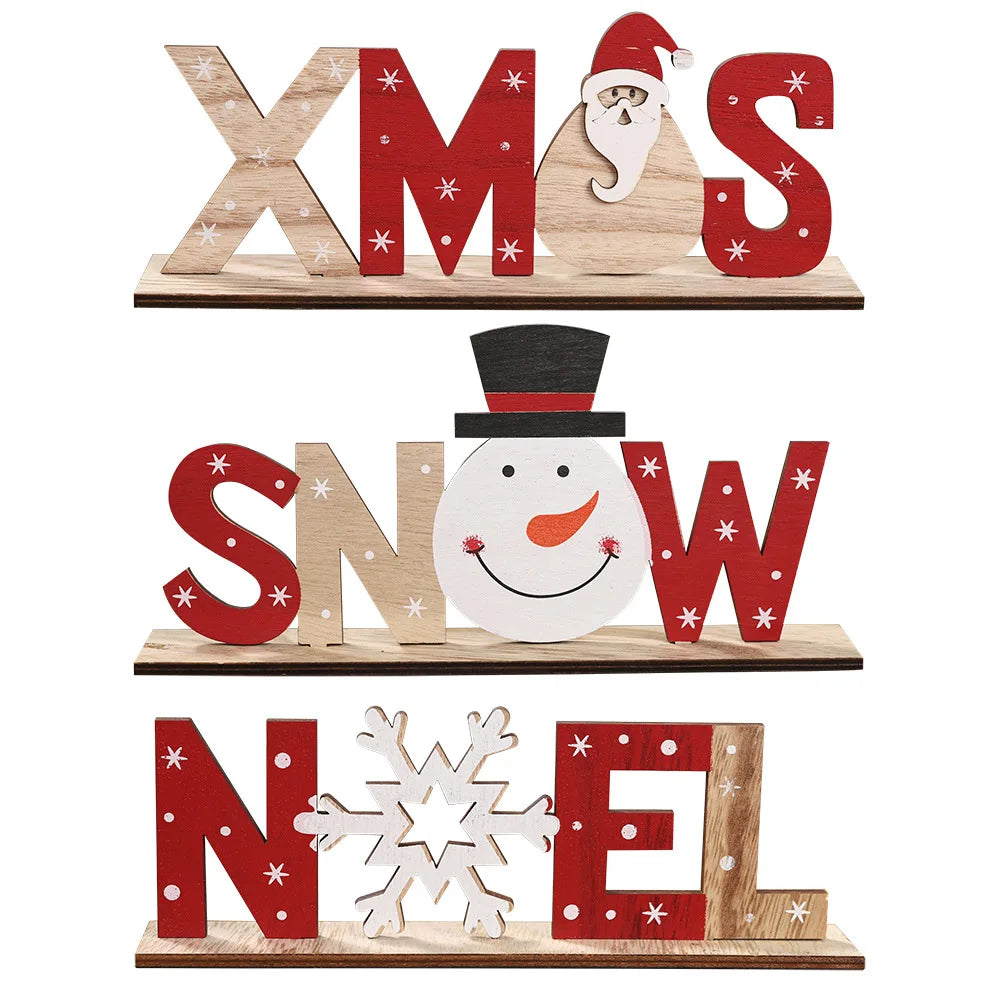 Wooden Christmas Decorations Xmas Snow Noel Letter Table Ornaments Merry Christmas Party Decor for Home 2023 Navidad Gifts