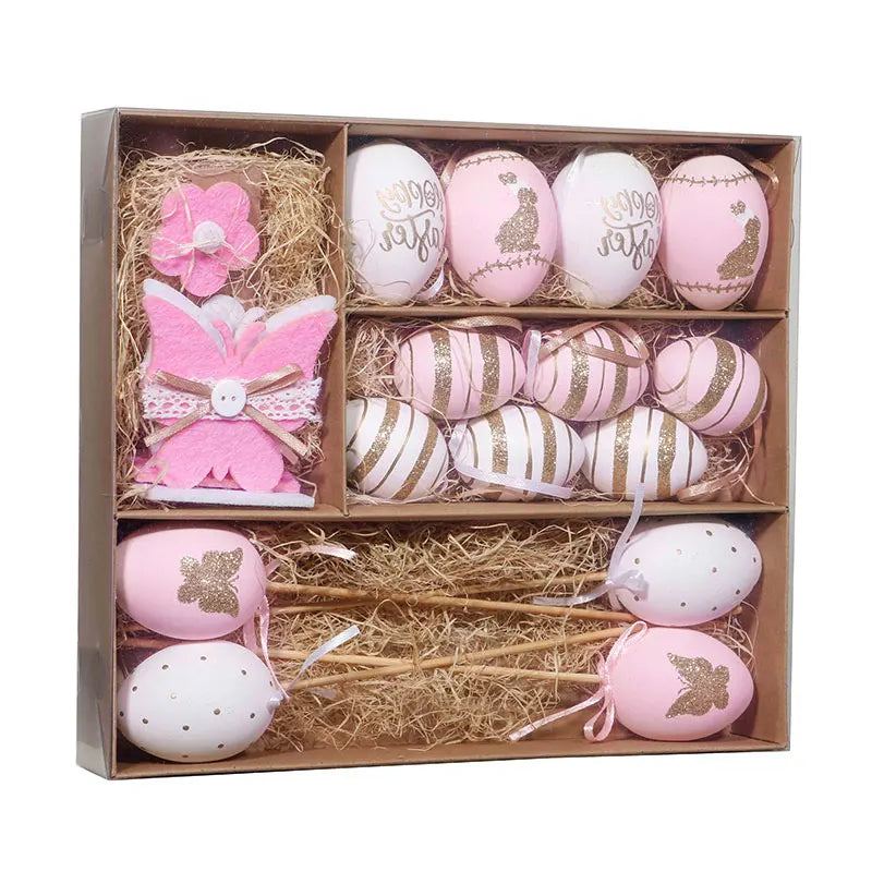 EAGLEGIFTS Happy Easter Decor Pink White Eggs Flowers Kids Gift Set Easter Decorative Ornament for Home Decoration