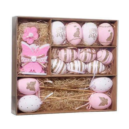 EAGLEGIFTS Happy Easter Decor Pink White Eggs Flowers Kids Gift Set Easter Decorative Ornament for Home Decoration
