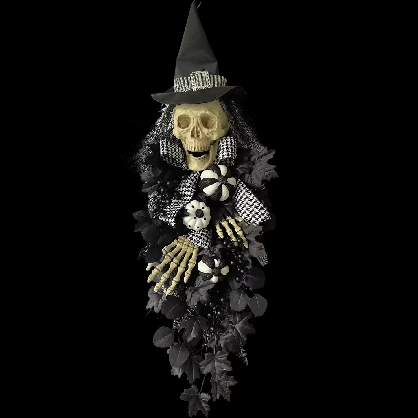 Front Door Diy Hanging Wreath Black Artificial Leaves Bow Pumpkin Spooky Scary Skeleton Hand Witch Hat Halloween Swag