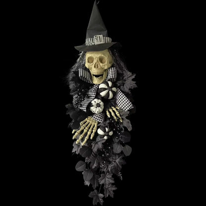 Front Door Diy Hanging Wreath Black Artificial Leaves Bow Pumpkin Spooky Scary Skeleton Hand Witch Hat Halloween Swag