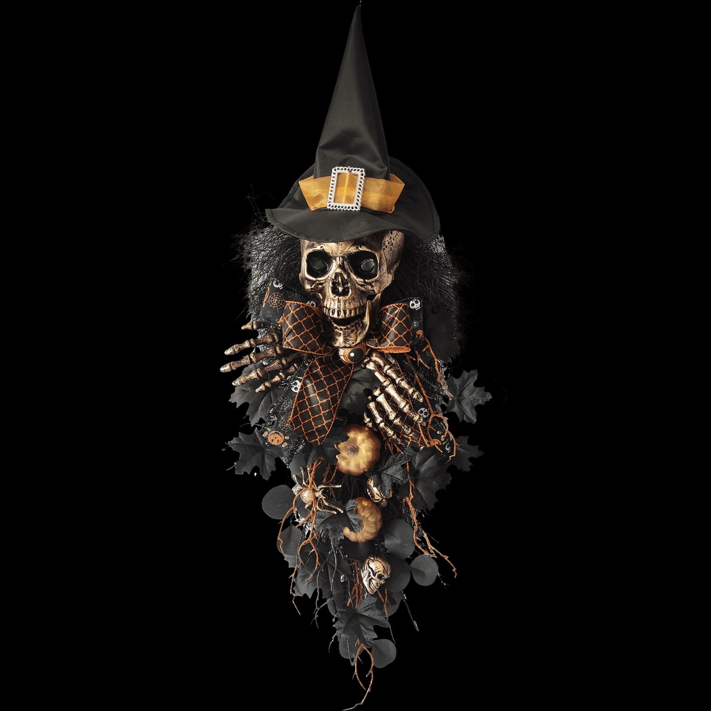 Front Door Diy Hanging Wreath Black Artificial Leaves Bow Pumpkin Spooky Scary Skeleton Hand Witch Hat Halloween Swag