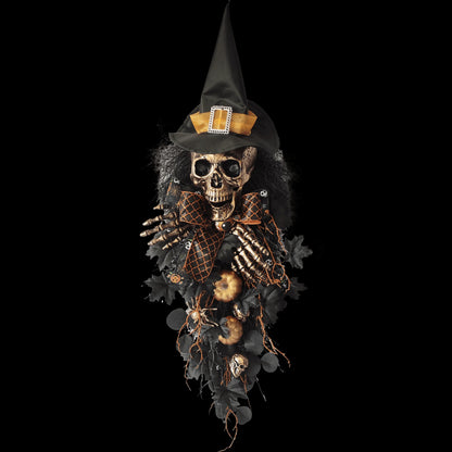 Front Door Diy Hanging Wreath Black Artificial Leaves Bow Pumpkin Spooky Scary Skeleton Hand Witch Hat Halloween Swag